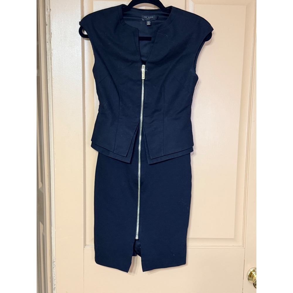 Ted Baker London Navy Blue Peplum Sheath Dress Full Zip Front Cap Sleeve Size 1